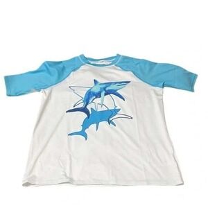 Lands' End‎ Shark Graphic Raglan Rash Guard Sun Shirt Kids L 10-12 Husky